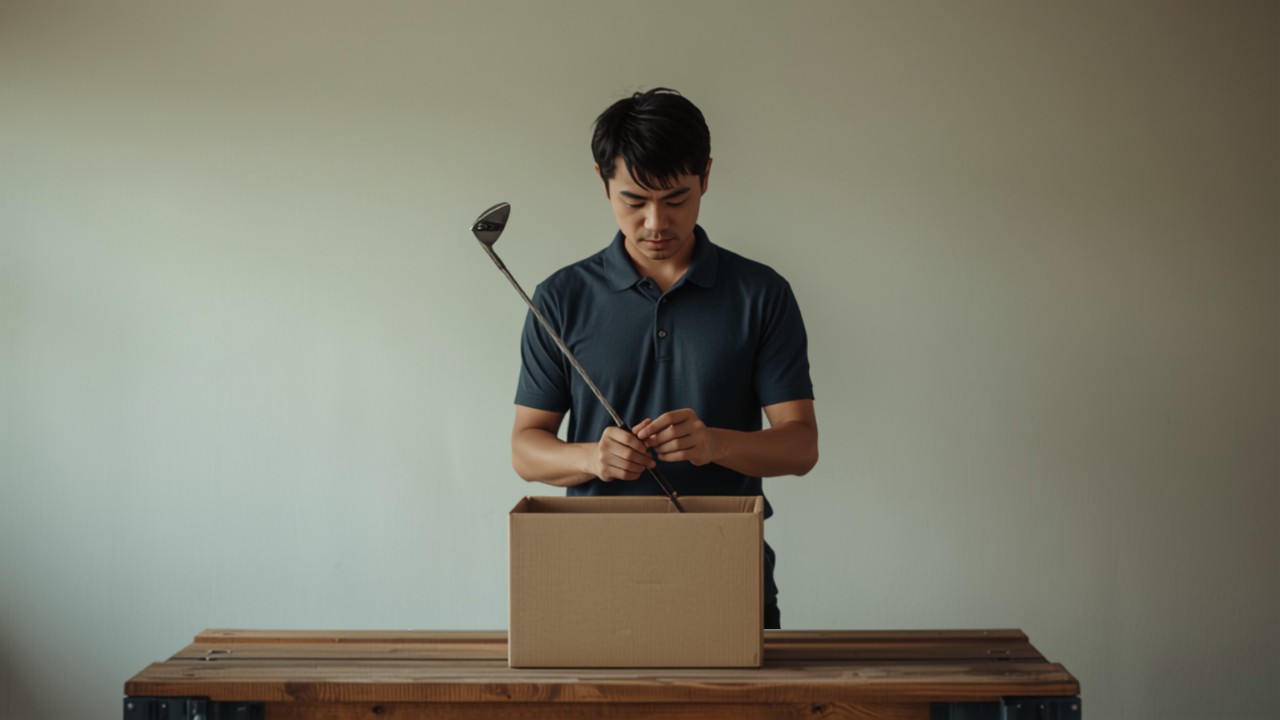 日本人男性ゴルファーが自宅で使わなくなったクラブを箱に入れて査定に出す準備をしている様子
