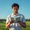 日本人男性ゴルファーがコースでスコアカードを見ながら真剣に考えている様子