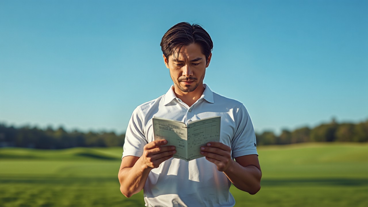 日本人男性ゴルファーがコースでスコアカードを見ながら真剣に考えている様子