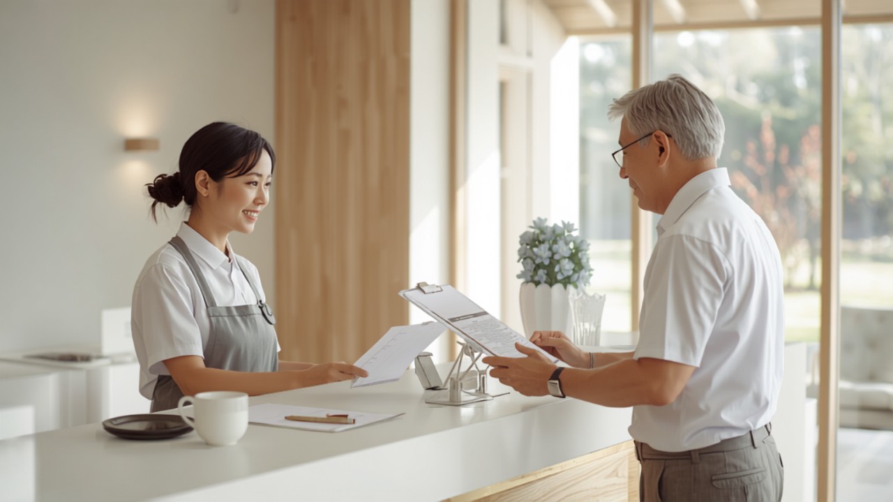 ゴルフ場の受付で日本人スタッフに予約内容を確認する日本人男性