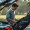 日本人男性ゴルファーが車のトランクにキャディバッグを積み込んでいる様子