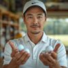 日本人男性ゴルファーがゴルフボールを見比べている様子