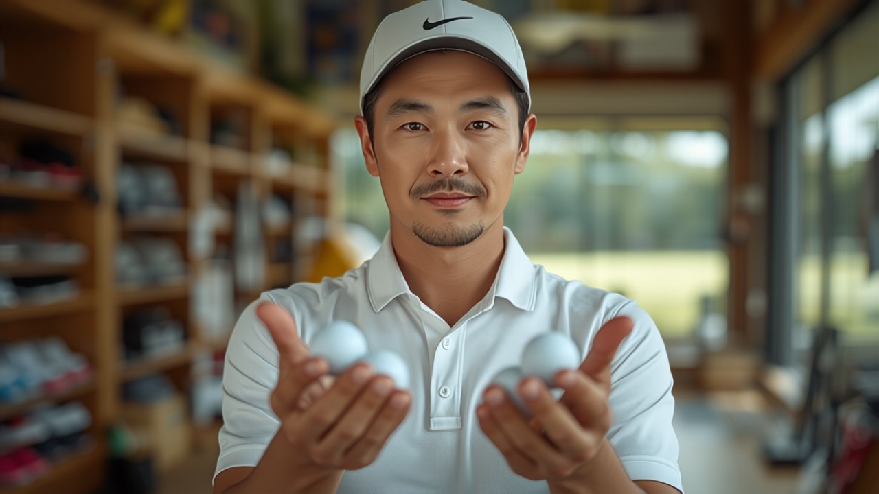 日本人男性ゴルファーがゴルフボールを見比べている様子