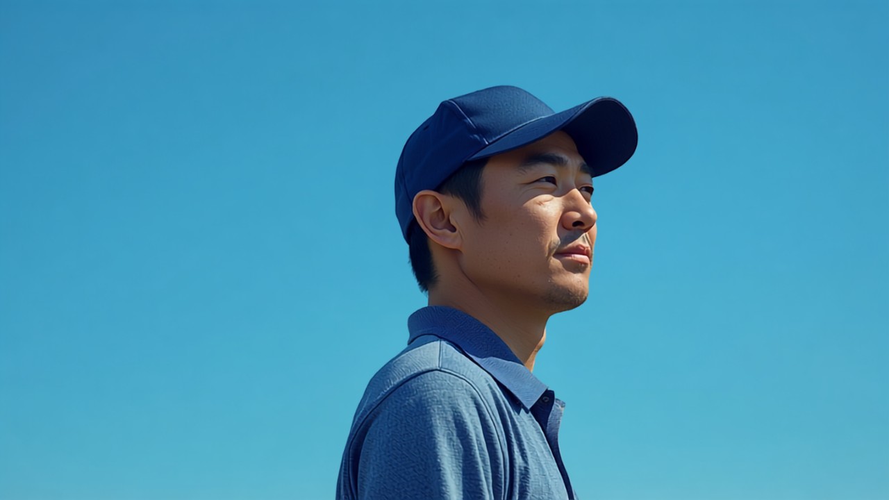 日本人男性ゴルファーが青空を背景にネイビーのゴルフキャップをかぶっている横顔