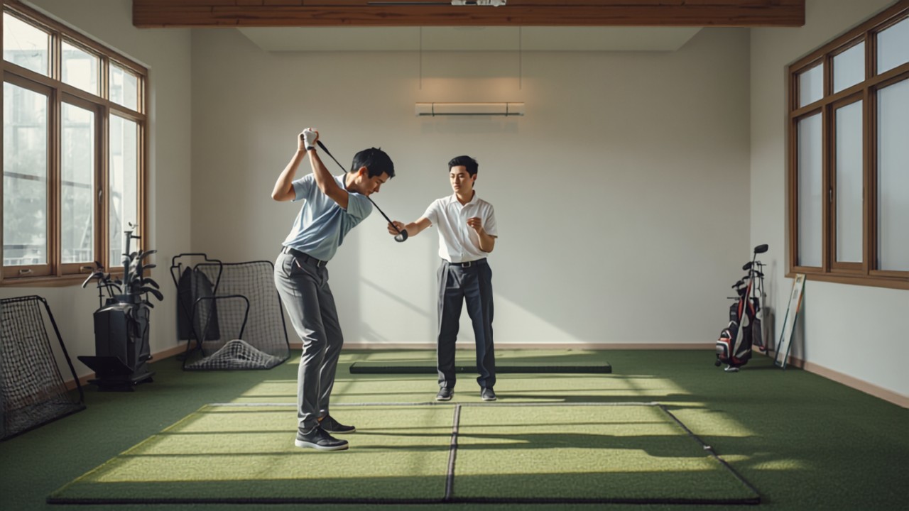 ゴルフレッスンスタジオでインストラクターが日本人男性ゴルファーのスイングフォームを見てアドバイスしている様子
