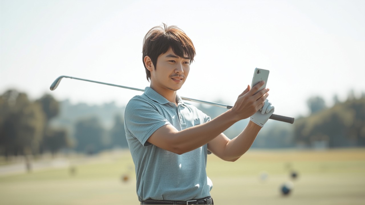 日本人男性ゴルファーが練習場でスマートフォンを使い自分のスイングフォームを確認している様子