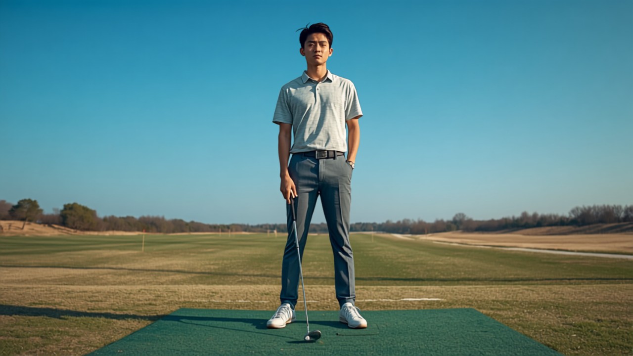 練習場のティー上でドライバーショットの後に首をかしげる男性ゴルファー