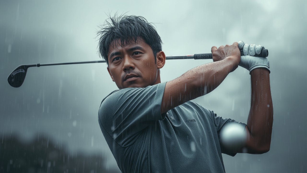 日本人男性ゴルファーが雨天のコースで全天候型グローブを着けてスイングしている様子
