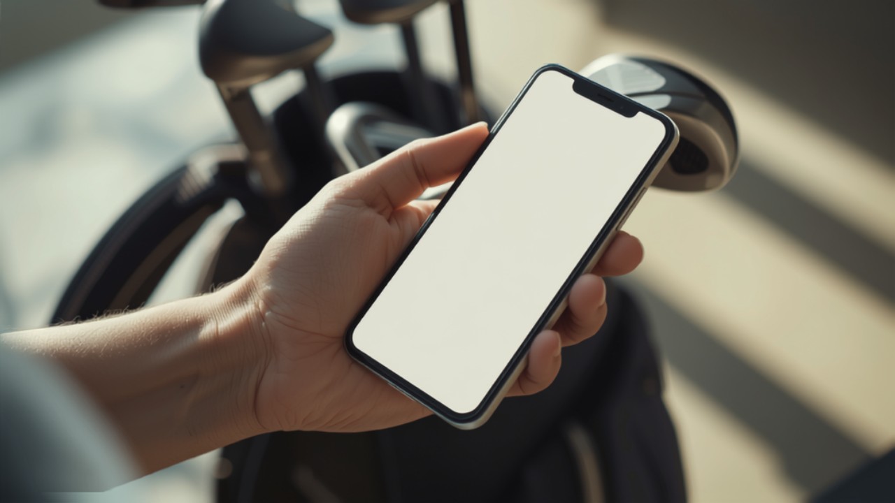 ゴルフバッグを背景にスマートフォンでスコアを記録する手元のクローズアップ