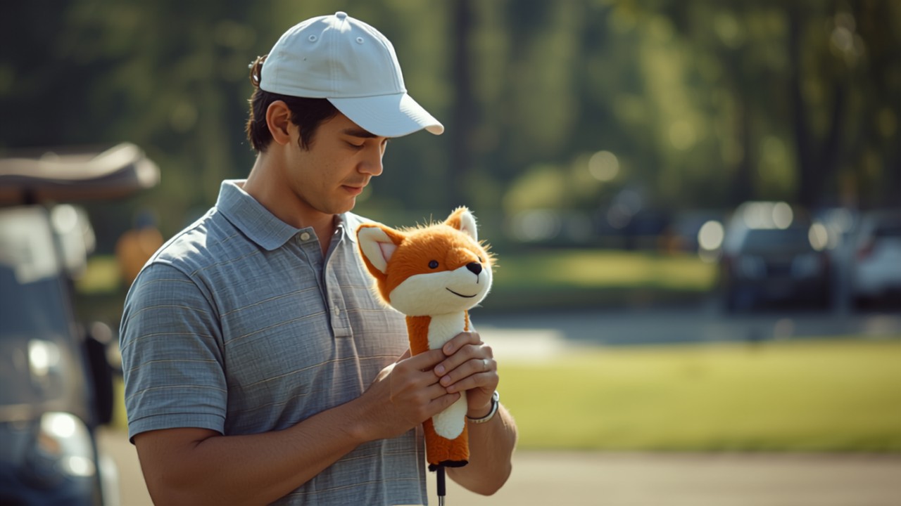 日本人男性ゴルファーが動物モチーフのキャラクターヘッドカバーを手に取っている様子