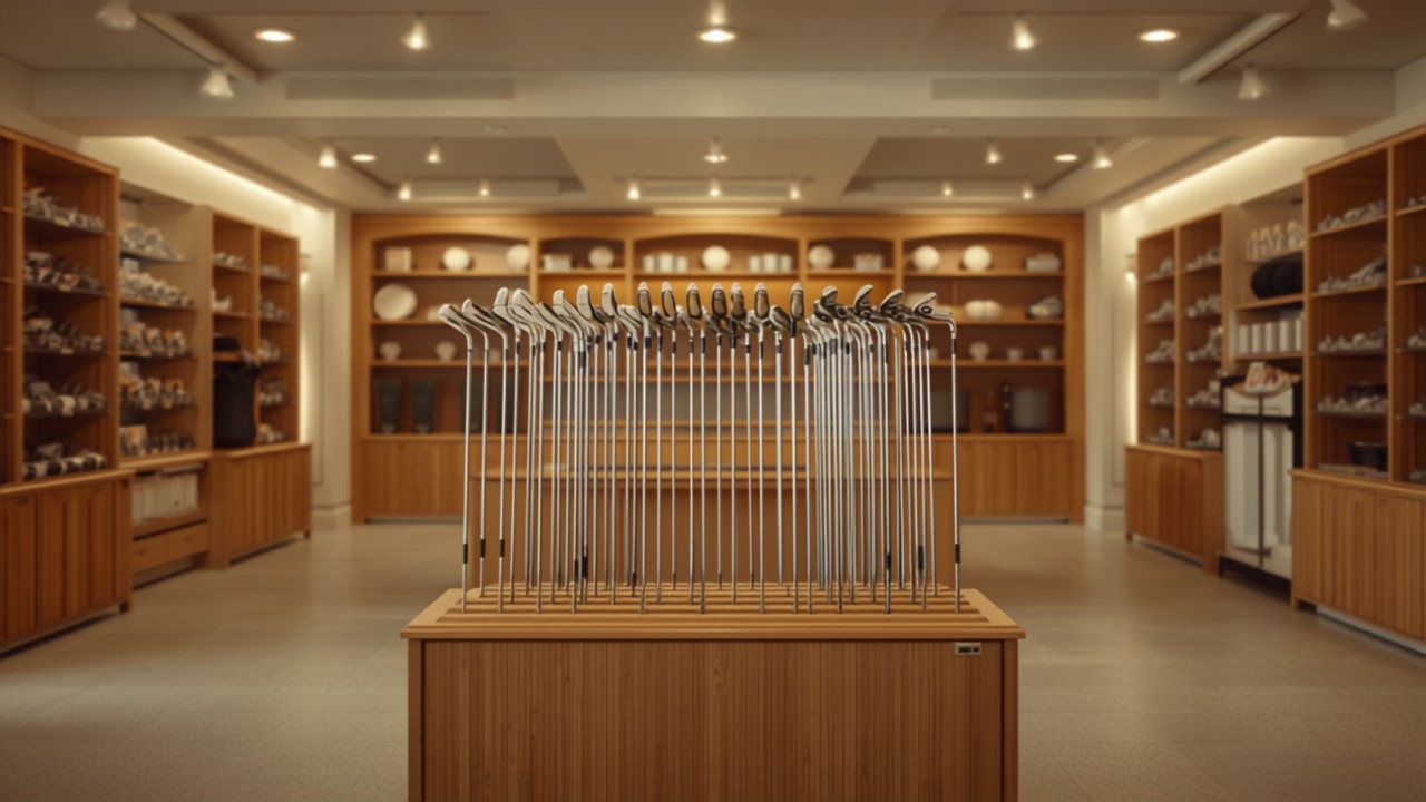 ゴルフショップの店内でクラブが棚に並んでいる様子