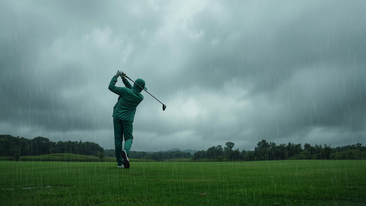 雨のゴルフコースで緑色のレインウェアを着てスイングする男性ゴルファー