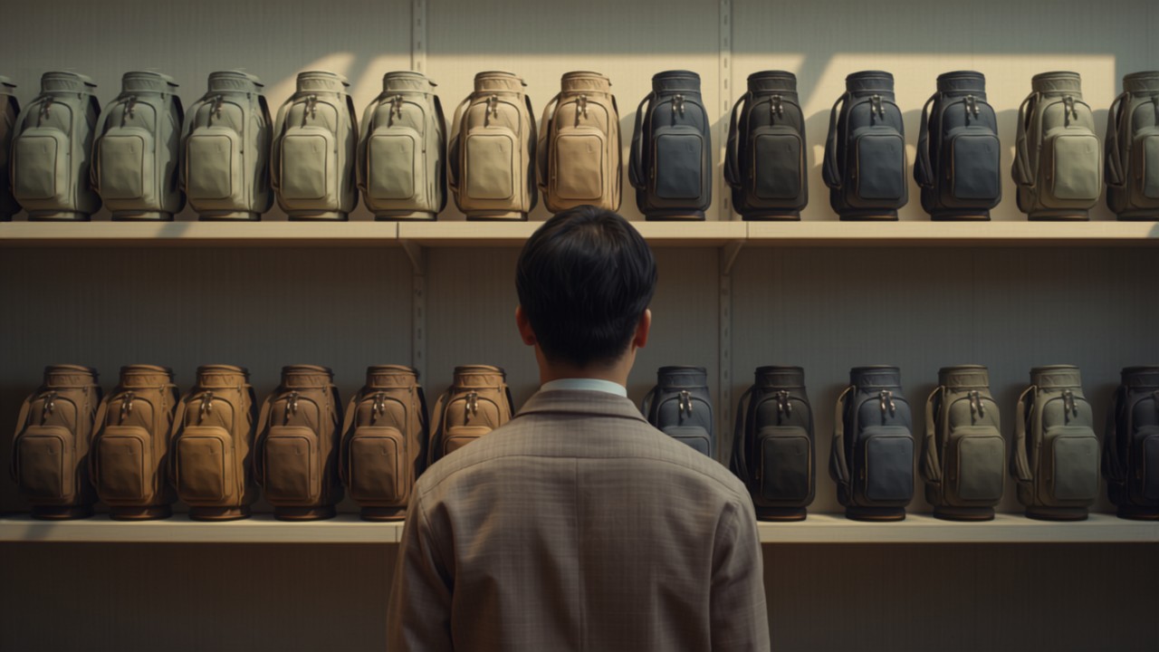 ゴルフ専門店の陳列棚に並ぶ色違いのキャディバッグを眺める日本人男性