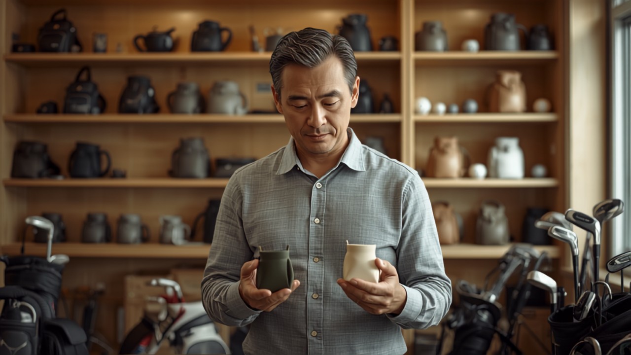 ゴルフ専門店で小型バッグを比較している日本人男性
