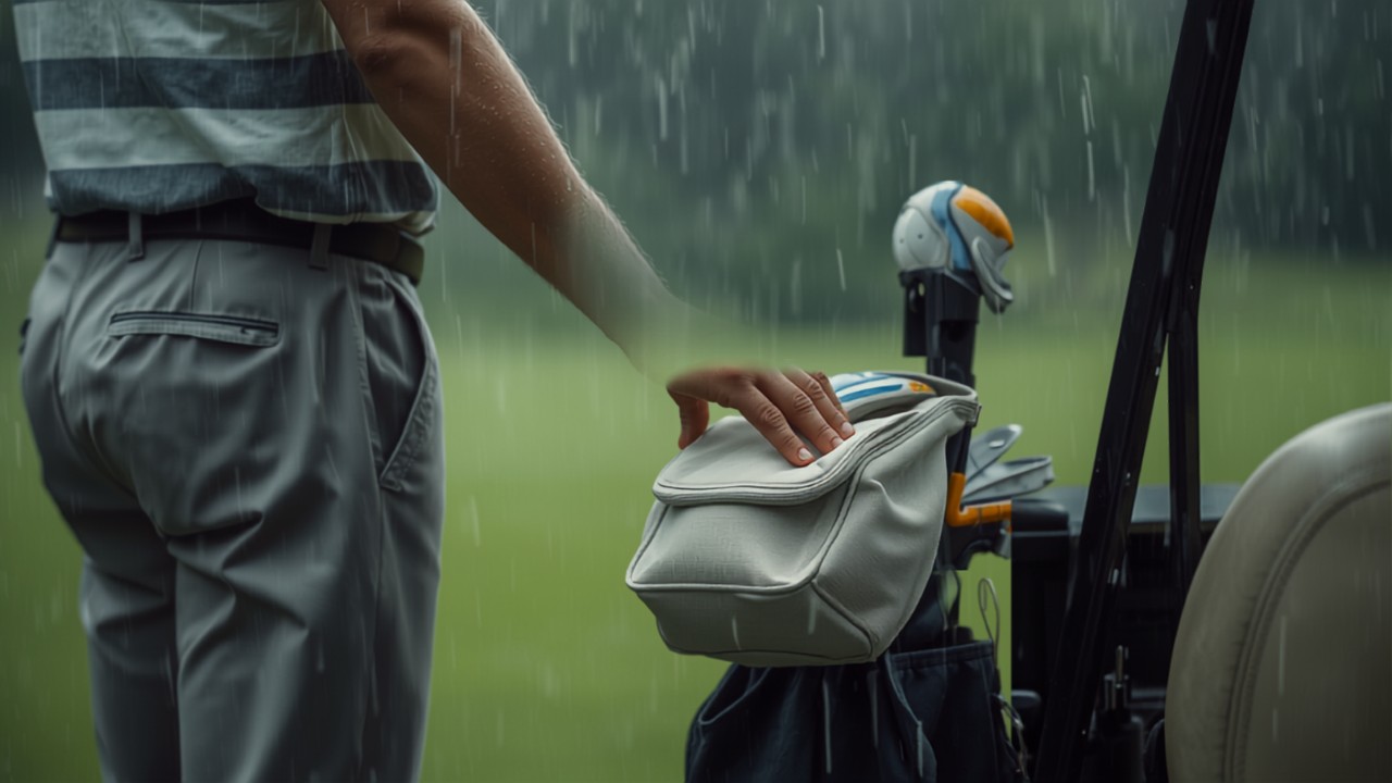 小雨の中カートの小型バッグの生地に触れる日本人男性