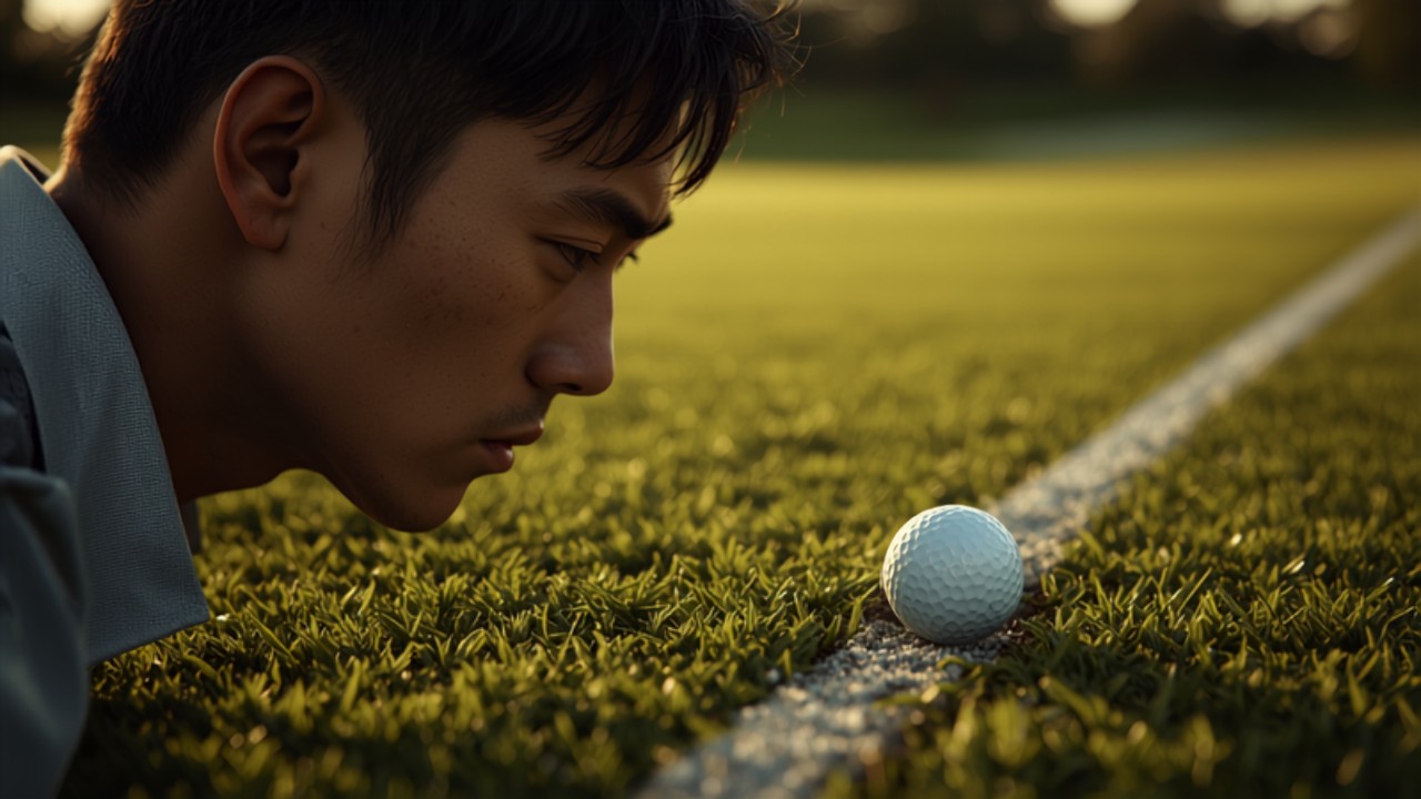 日本人ゴルファーがOB境界線のすぐ近くにあるボールを確認している様子