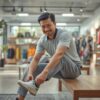 日本人男性ゴルファーがゴルフシューズを試着している様子