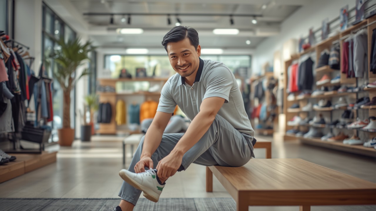 日本人男性ゴルファーがゴルフシューズを試着している様子