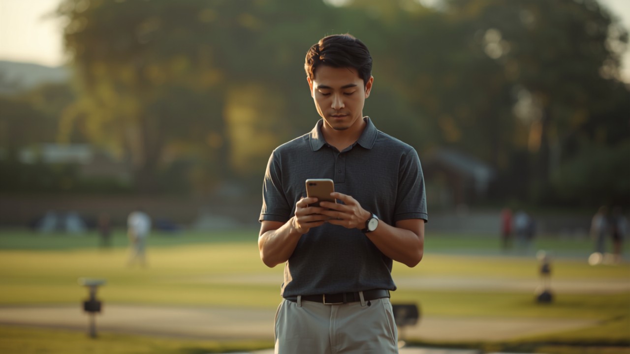 日本人ゴルファーがスマートフォンでスイングフォームを確認している様子