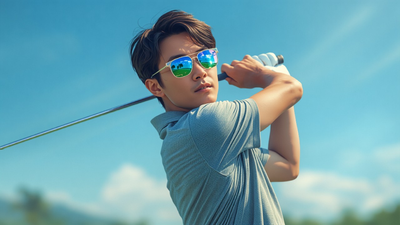 日本人男性ゴルファーが晴天のコースでゴルフ用サングラスをかけてティーショットの構えをしている様子