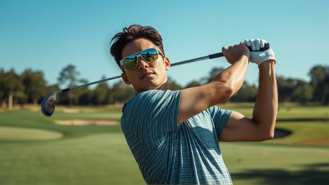 日本人男性ゴルファーがスポーツブランドのサングラスをかけてゴルフコースでスイングしている様子