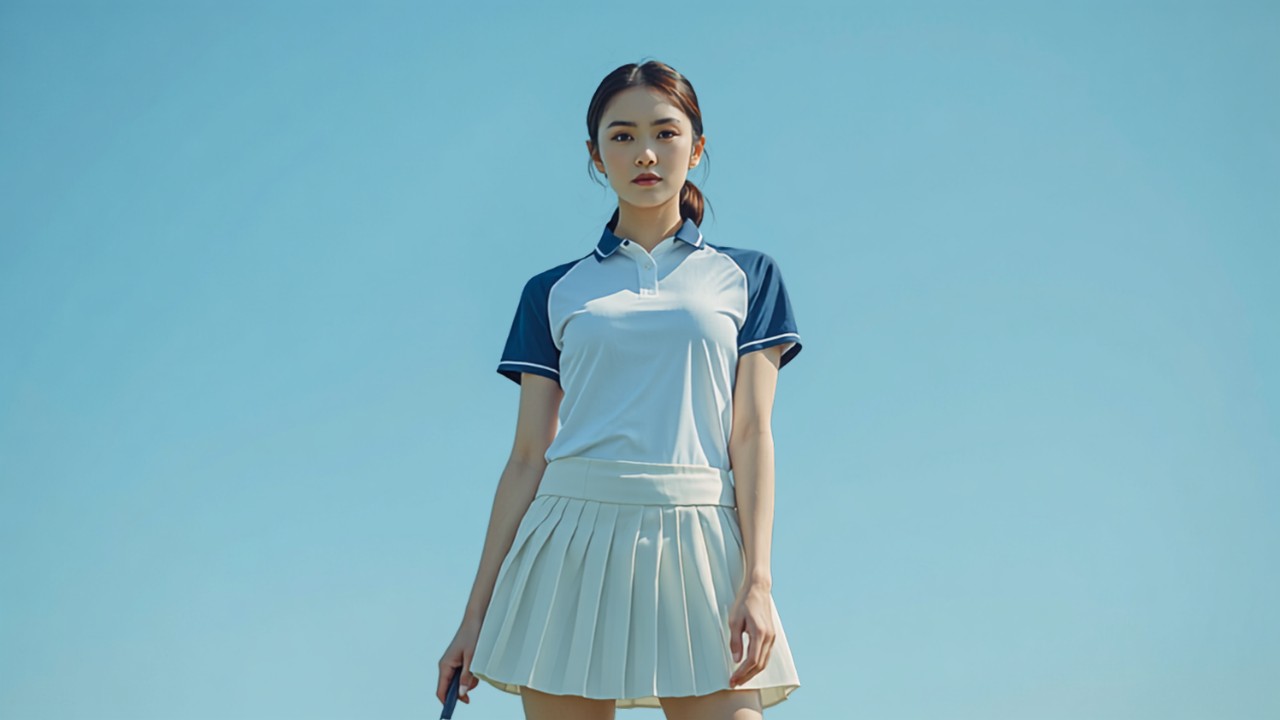 日本人女性ゴルファーがネイビーとホワイトのポロシャツとスコートでゴルフコースに立っている様子