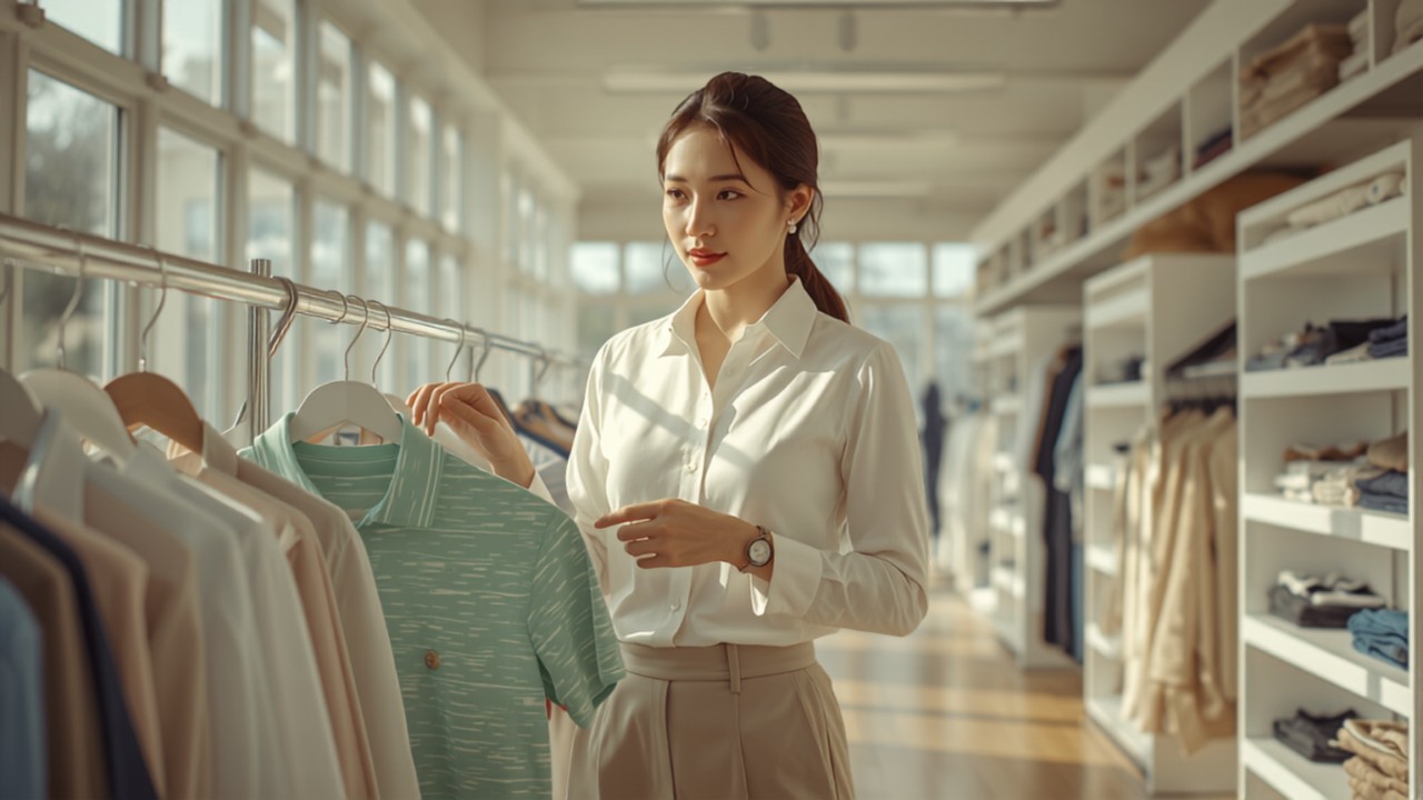 日本人女性がスポーツ用品店でゴルフポロシャツを選んでいる様子