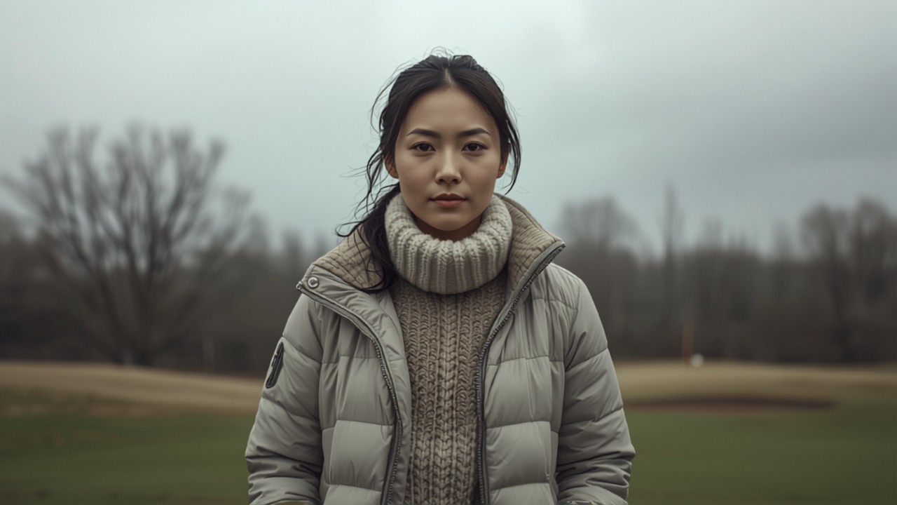 日本人女性ゴルファーが冬の曇り空の下でネックウォーマーと防寒ジャケットを着ている様子