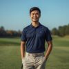 日本人男性ゴルファーがネイビーのポロシャツを着てゴルフコースに立っている様子