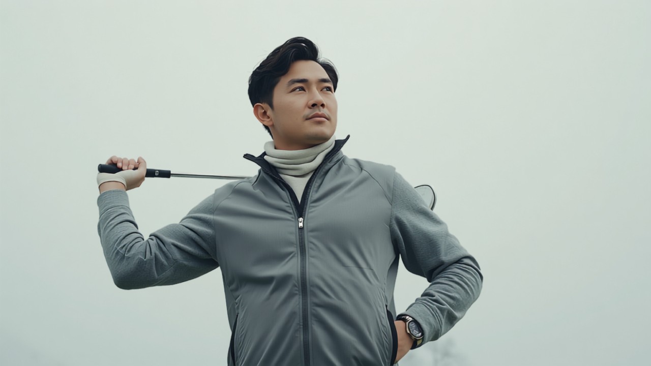 日本人男性ゴルファーが冬の曇り空の下でネックウォーマーと防風ジャケットを着てゴルフしている様子
