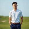 日本人男性ゴルファーが白いポロシャツと紺色パンツでゴルフコースに立っている様子