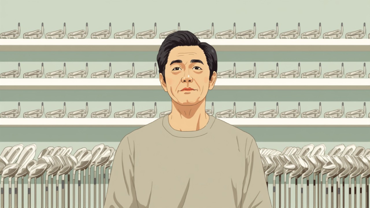 ゴルフ専門店の中古クラブ売り場で棚を眺める日本人男性