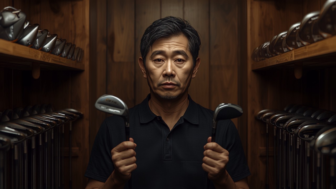 ゴルフショップで2本のドライバーを比較している男性ゴルファー