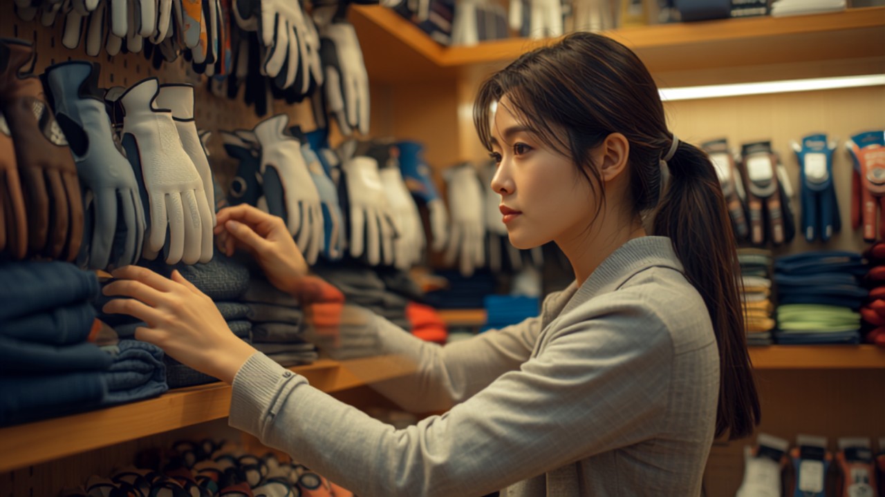 ゴルフ用品店でグローブが並ぶ棚を選んでいる女性