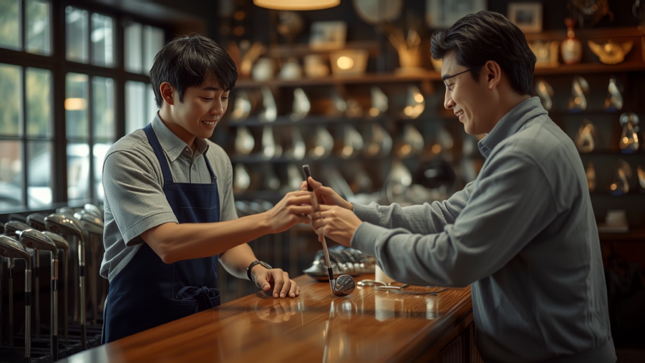 中古ゴルフショップの店内でスタッフと客がゴルフクラブを受け渡ししている様子