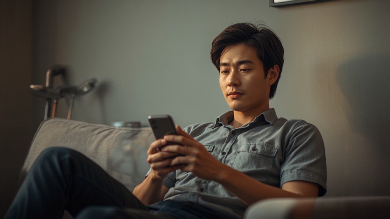 自宅のソファでスマートフォンを操作しながら中古クラブの在庫を確認している日本人男性